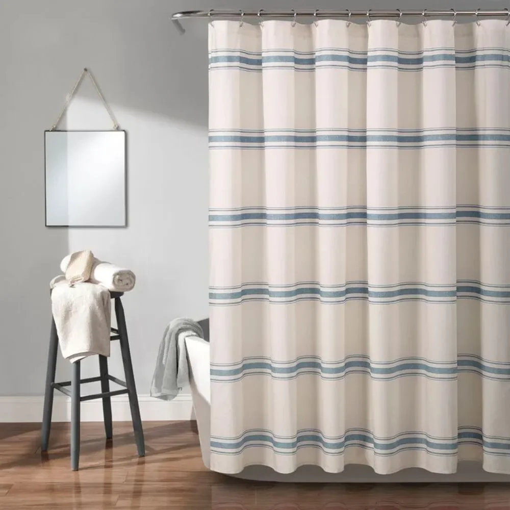 Farmhouse Striped Shower Curtain - Blue 100% Cotton